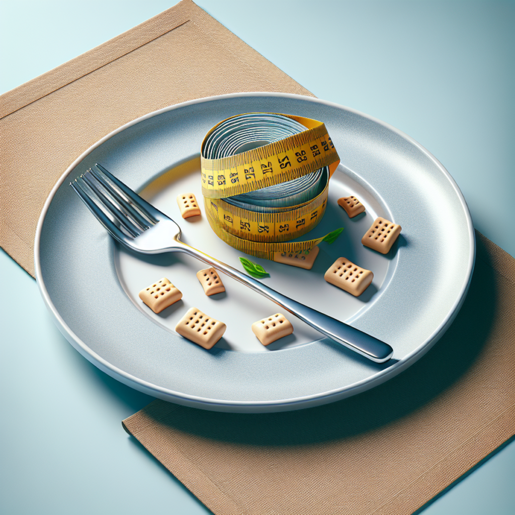 Une assiette avec une fourchette et un mètre ruban posés dessus.