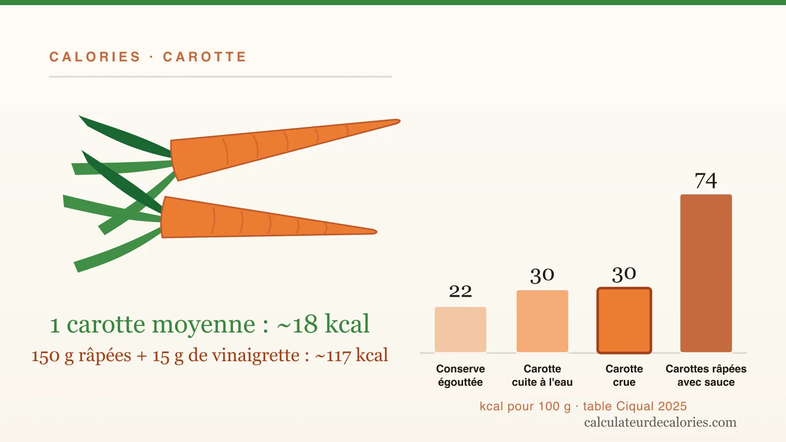 Combien de calories dans une carotte ? Crue, cuite, râpée, en jus